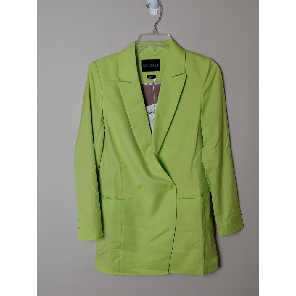Wildfang The Empower Blazer Neon Lime Green Double Breasted Long NWT Extra SMALL - Picture 2 of 9